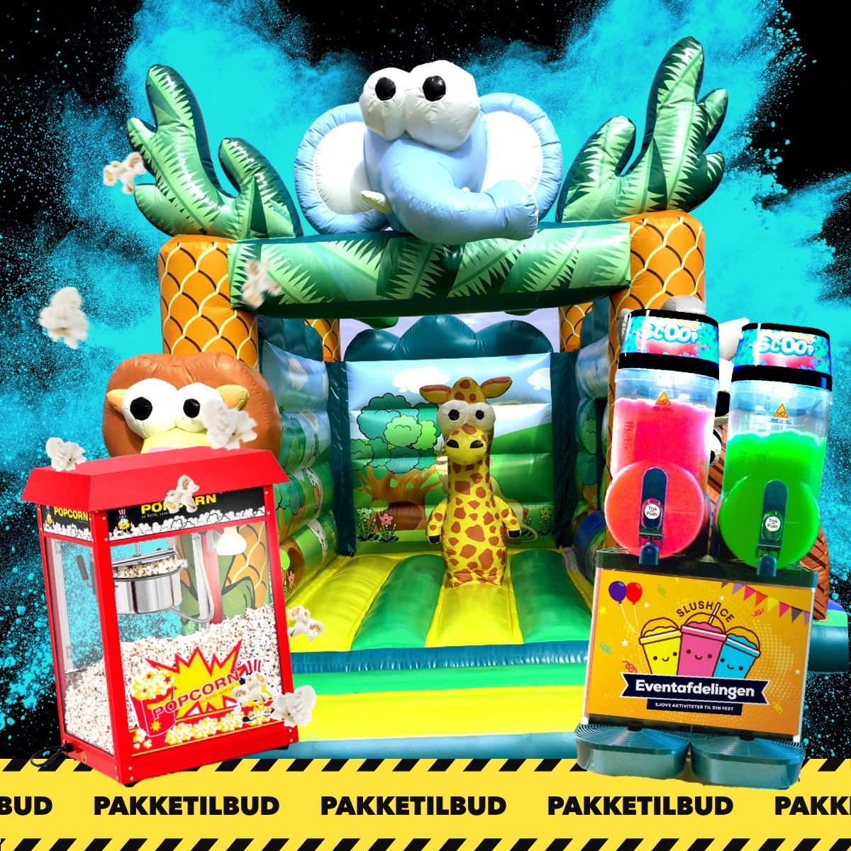 Pakketilbud med hoppeborg, popcornmaskine og slush ice - Børne Favoritpakken